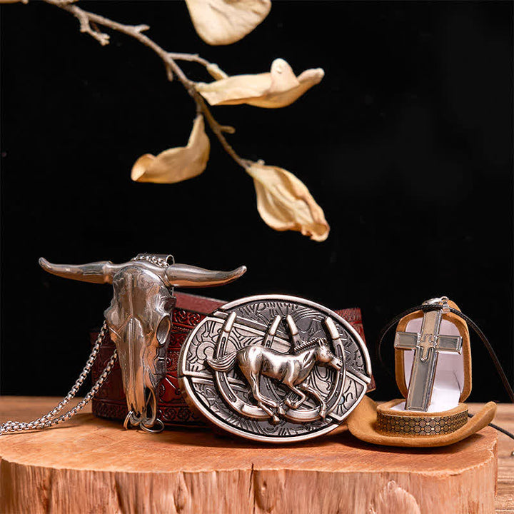 DIY Galloping Horse Hidden Knife Belt Buckle Bull Pendant Cross Necklace Bundle Set - Horse - Brown Carved Belt - 42 - image 9
