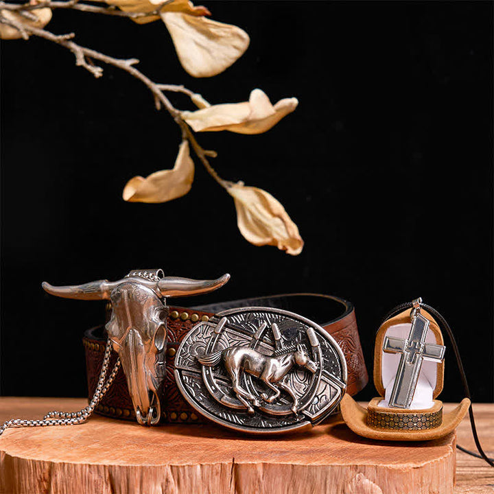 DIY Galloping Horse Hidden Knife Belt Buckle Bull Pendant Cross Necklace Bundle Set - Horse - Brown Rivet Belt - 42 - image 7