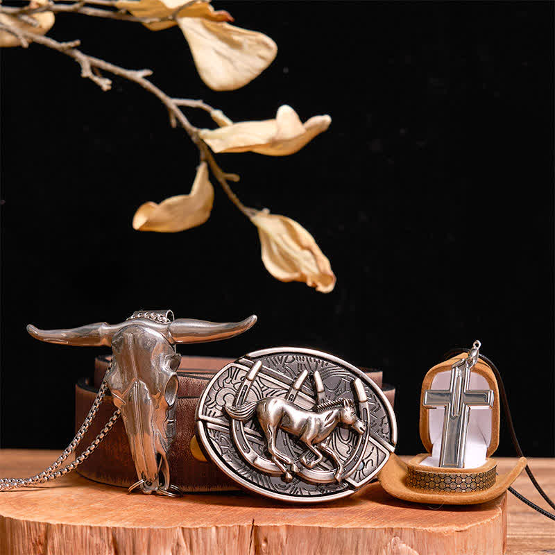 DIY Galloping Horse Hidden Knife Belt Buckle Bull Pendant Cross Necklace Bundle Set - Horse - Brown Distressed Belt - 42 - image 8