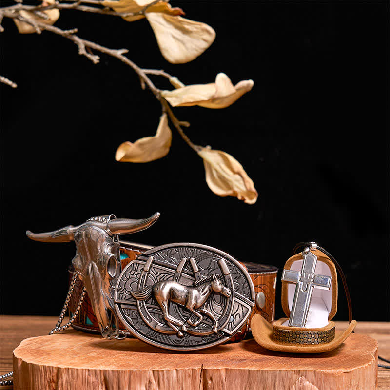 DIY Galloping Horse Hidden Knife Belt Buckle Bull Pendant Cross Necklace Bundle Set - Horse - Turquoise Carved Belt - 42 - image 6