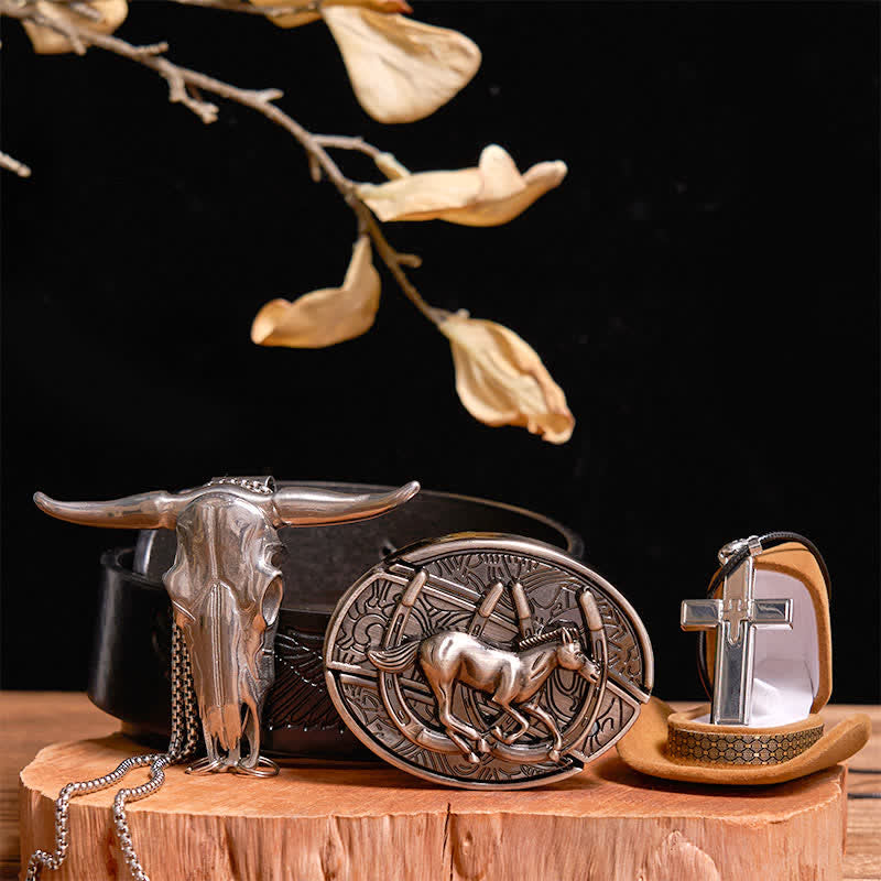 DIY Galloping Horse Hidden Knife Belt Buckle Bull Pendant Cross Necklace Bundle Set - Horse - Black Embossed Eagle Belt - 42 - image 0