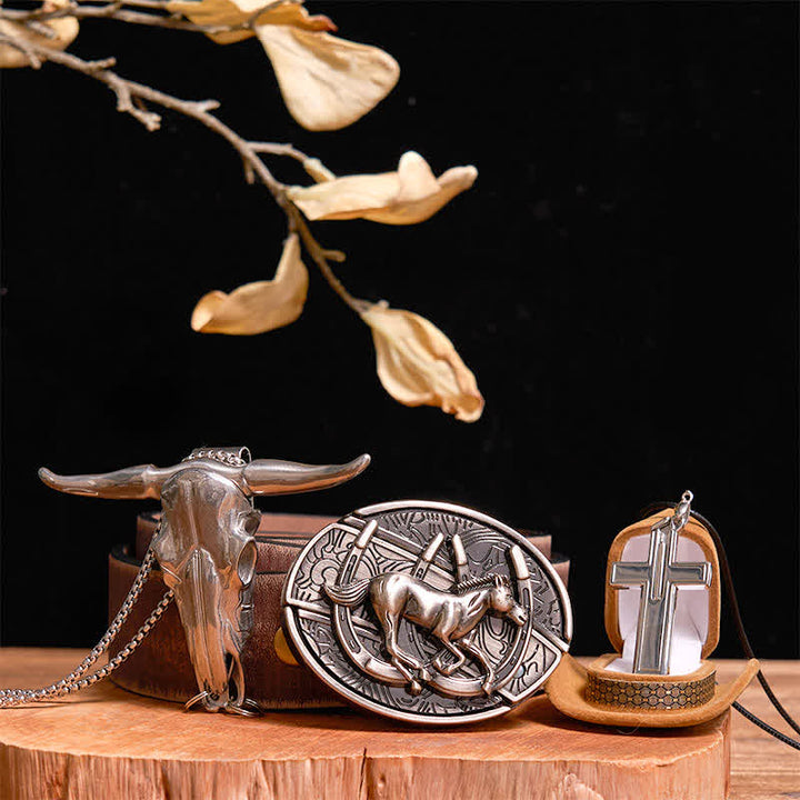 DIY Galloping Horse Hidden Knife Belt Buckle Bull Pendant Cross Necklace Bundle Set - Horse - Brown Distressed Belt - 42 - image 8