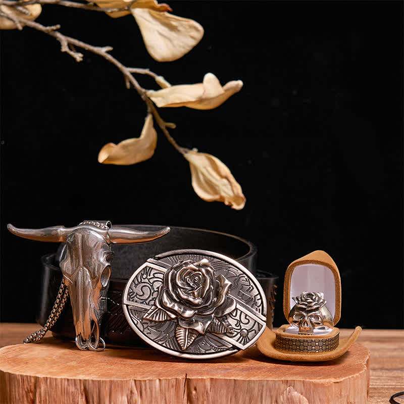 DIY Rose Hidden Knife Belt Buckle Bull Pendant Skull & Rose Ring Bundle Set - Rose - Black Embossed Eagle Belt - 42 - image 0