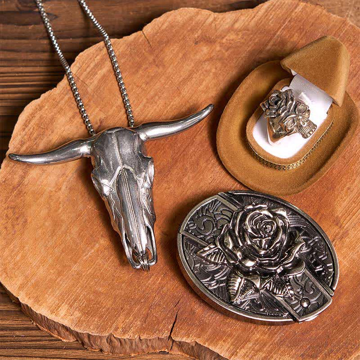 DIY Rose Hidden Knife Belt Buckle Bull Pendant Skull & Rose Ring Bundle Set - Rose - Without Belt - Not Include Belt - image 1