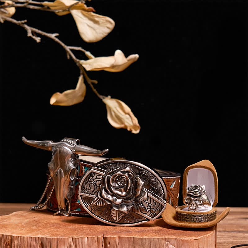 DIY Rose Hidden Knife Belt Buckle Bull Pendant Skull & Rose Ring Bundle Set - Rose - Turquoise Carved Belt - 42 - image 7