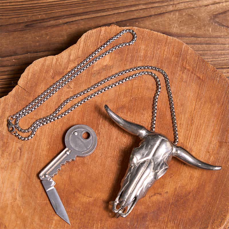 DIY Longhorn Bull Pendant Hidden Knife Key-Shaped Keychain Bundle Set - image 1