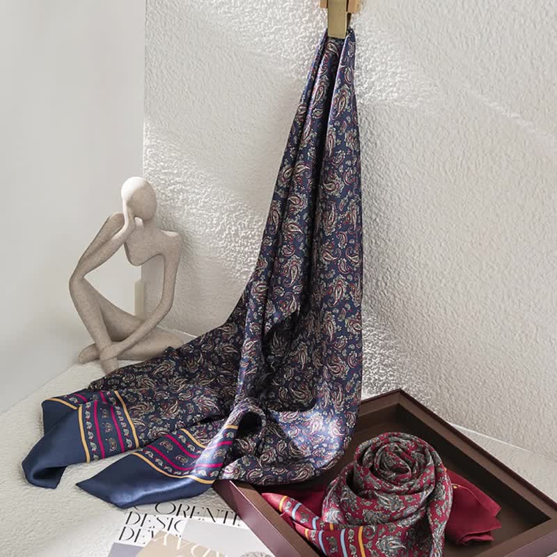 Men's Vintage Paisley Checker Thin Long Pure Silk Scarf - image 3