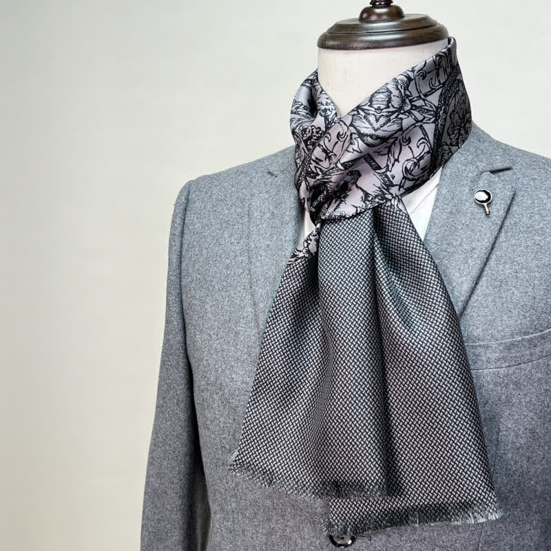 Men's Floral & Grid Double Sided Pattern Thin Long Pure Silk Scarf - Gray - image 3