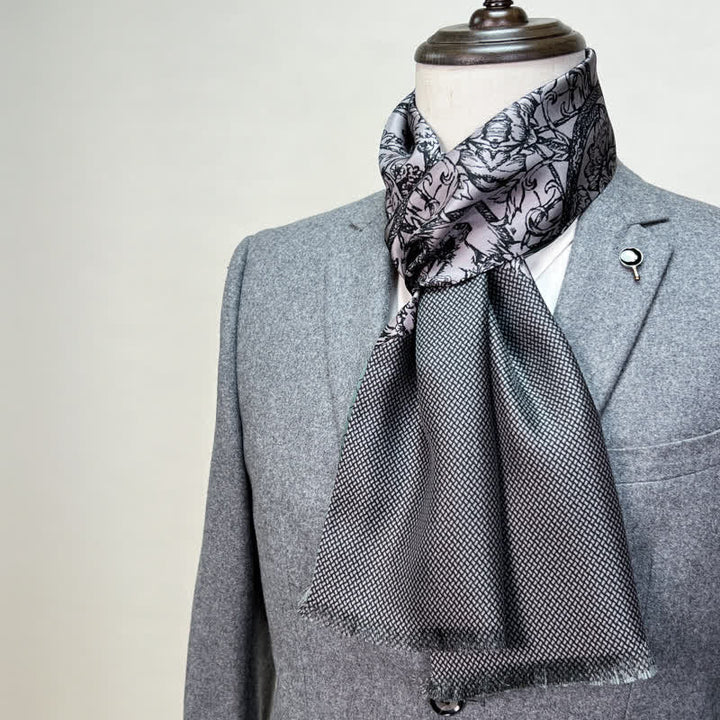 Men's Floral & Grid Double Sided Pattern Thin Long Pure Silk Scarf - Gray - image 3