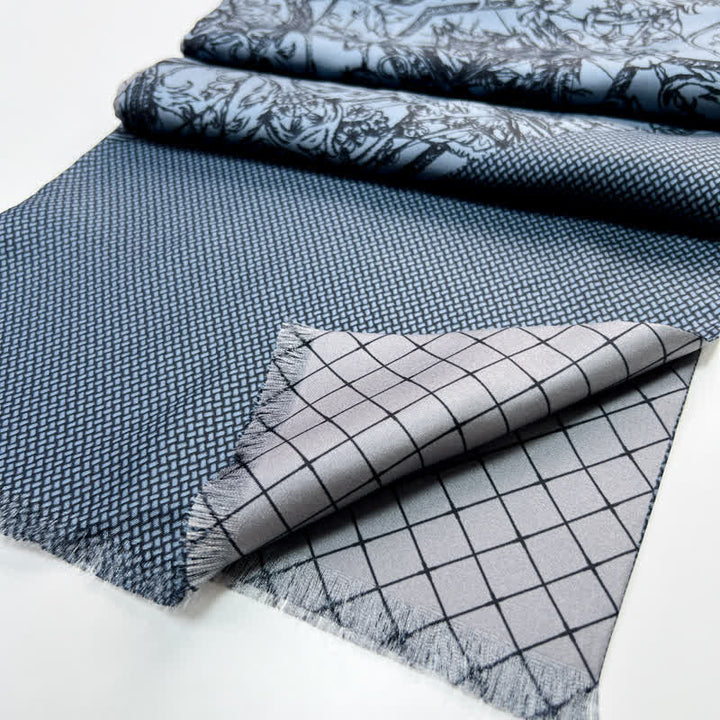 Men's Floral & Grid Double Sided Pattern Thin Long Pure Silk Scarf - image 2