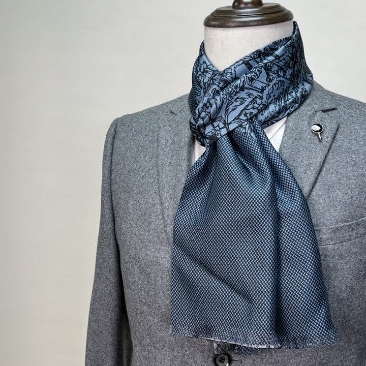 Men's Floral & Grid Double Sided Pattern Thin Long Pure Silk Scarf - Blue - image 0