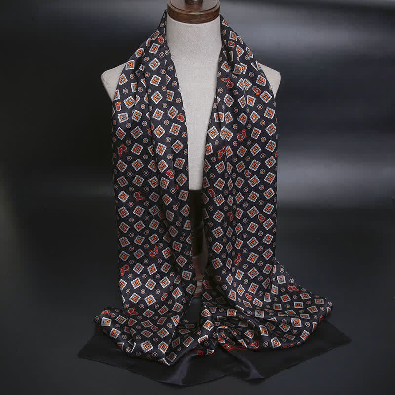 Men's Repeating Square Paisley Pattern Thin Long Pure Silk Scarf - Black - image 8
