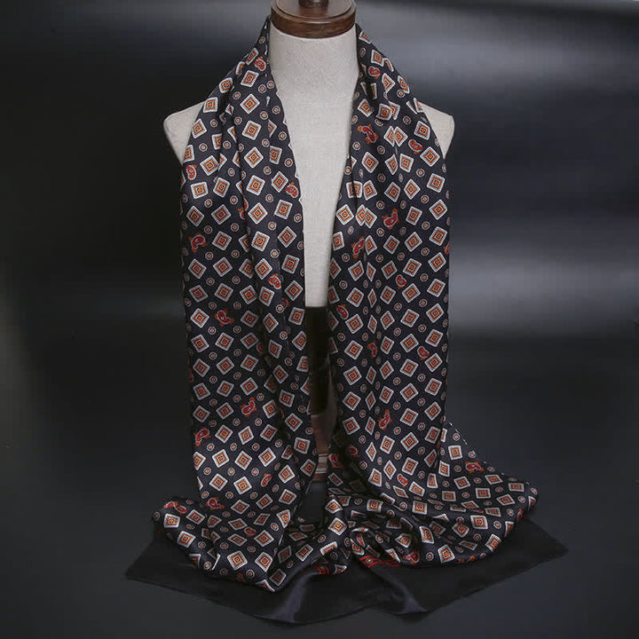 Men's Repeating Square Paisley Pattern Thin Long Pure Silk Scarf - Black - image 8