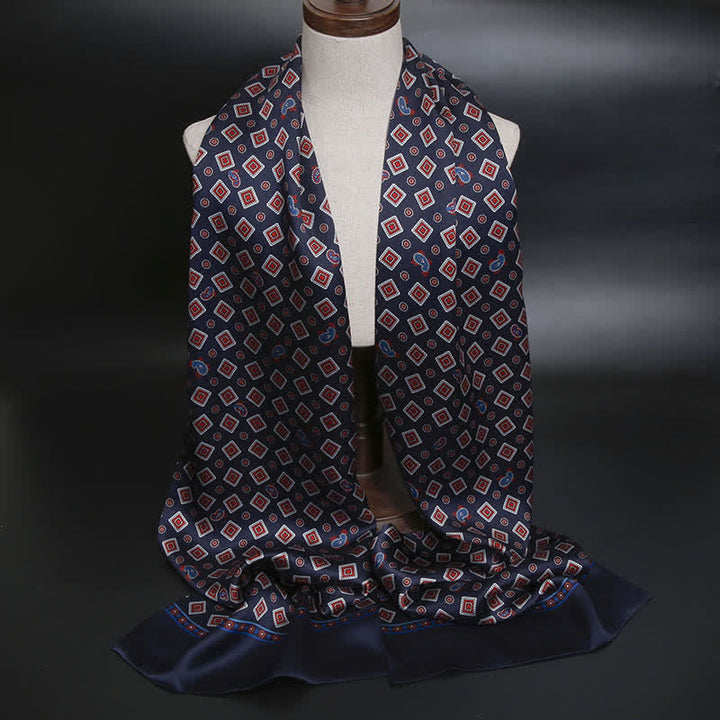 Men's Repeating Square Paisley Pattern Thin Long Pure Silk Scarf - Navy - image 1