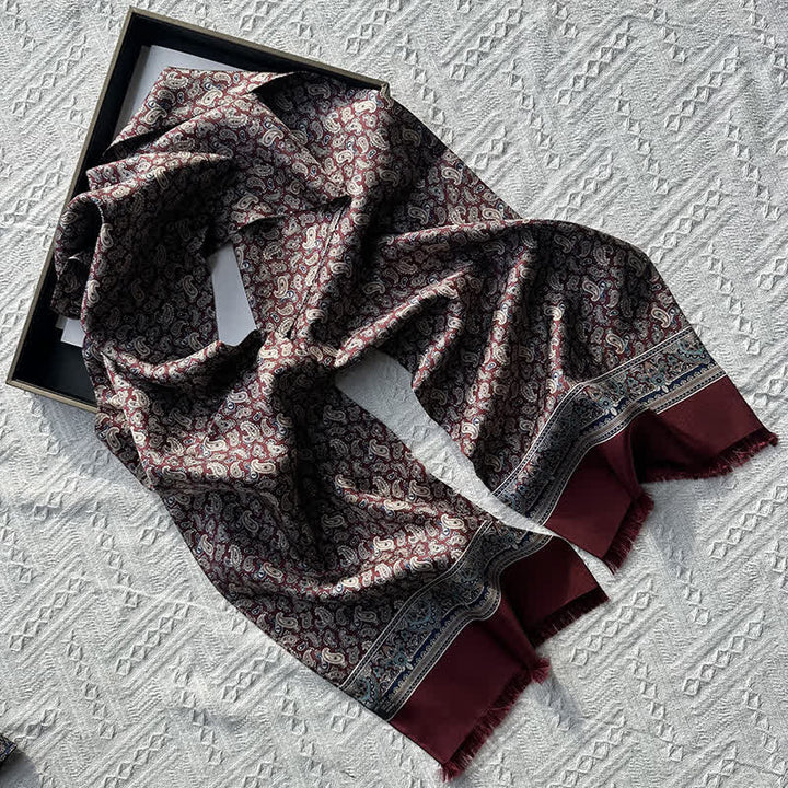 Men's Paisley Pattern British Style Thin Long Pure Silk Scarf - Dark Red - image 6