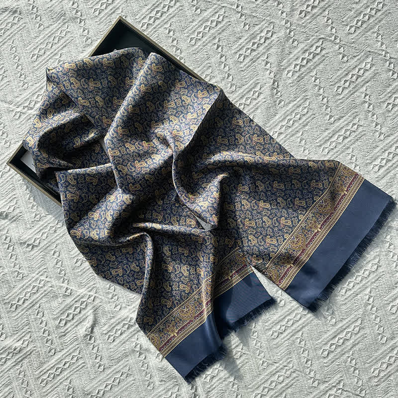 Men's Paisley Pattern British Style Thin Long Pure Silk Scarf - Navy - image 1