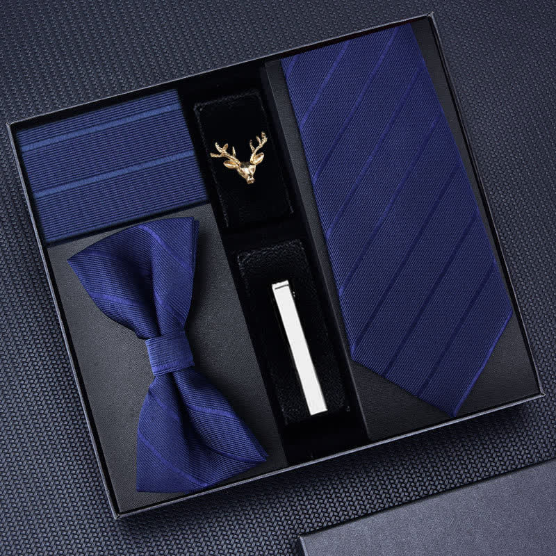 5Pcs Men's Striped Necktie Deer Brooch Bow Ties Gift Box - Navy #1 - image 2
