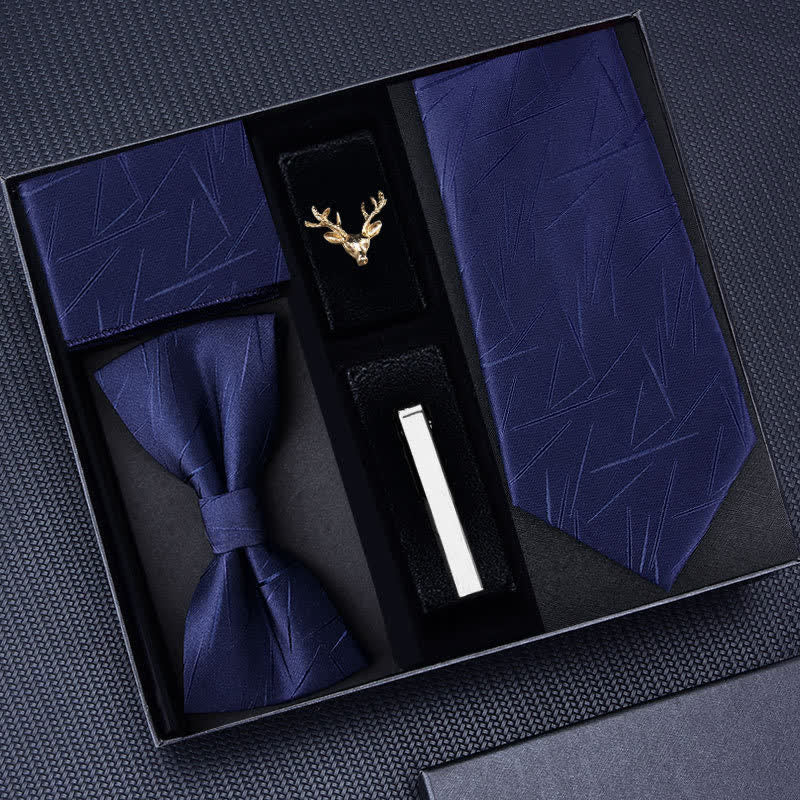 5Pcs Men's Striped Necktie Deer Brooch Bow Ties Gift Box - Navy #2 - image 3