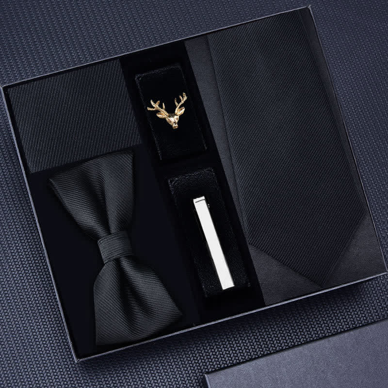 5Pcs Men's Striped Necktie Deer Brooch Bow Ties Gift Box - Black #2 - image 5