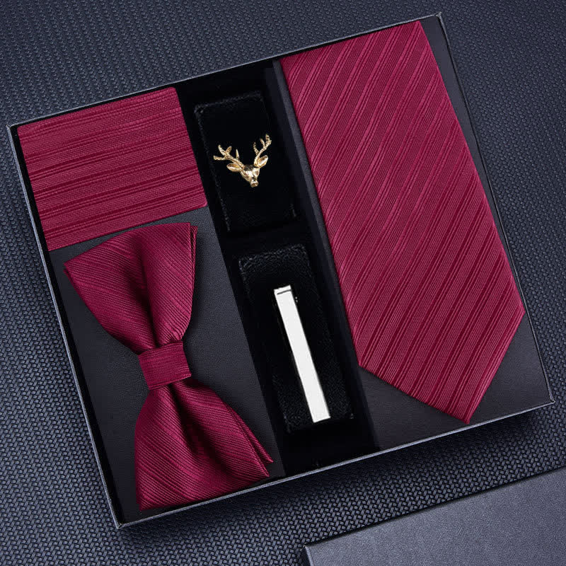 5Pcs Men's Striped Necktie Deer Brooch Bow Ties Gift Box - Burgundy #1 - image 0