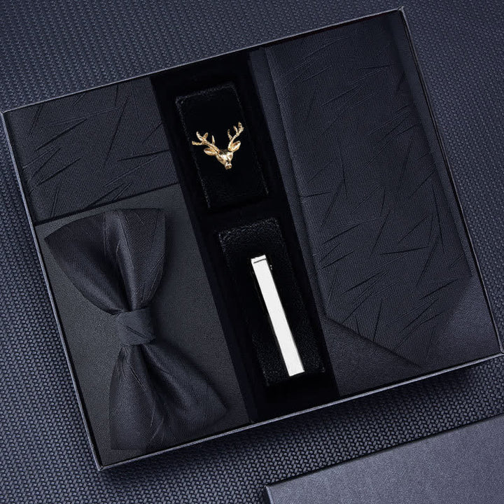 5Pcs Men's Striped Necktie Deer Brooch Bow Ties Gift Box - Black #3 - image 6