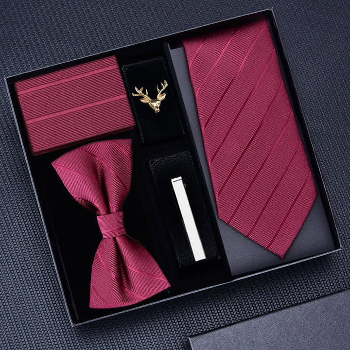 5Pcs Men's Striped Necktie Deer Brooch Bow Ties Gift Box - Burgundy #2 - image 1