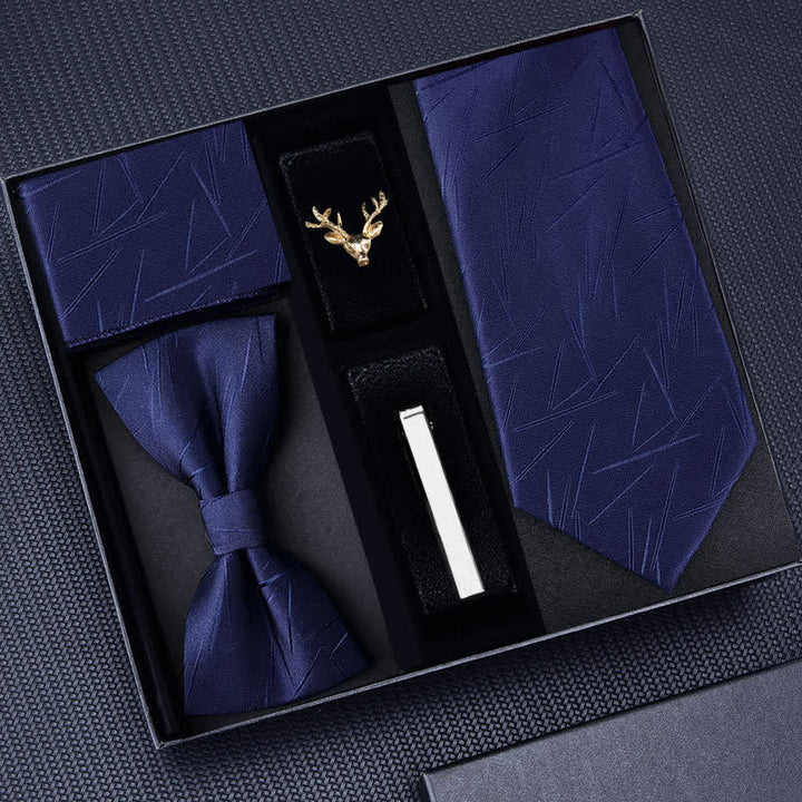5Pcs Men's Striped Necktie Deer Brooch Bow Ties Gift Box - Navy #2 - image 3
