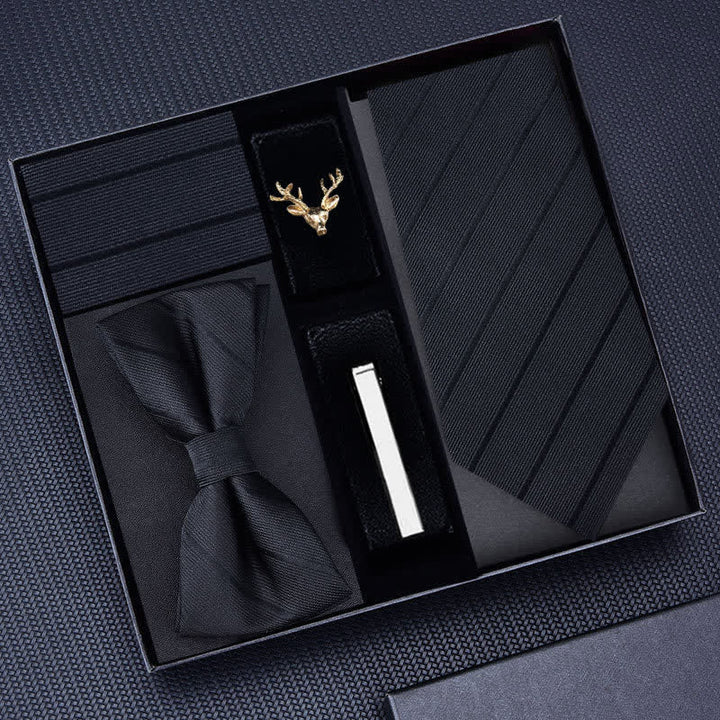 5Pcs Men's Striped Necktie Deer Brooch Bow Ties Gift Box - Black #1 - image 4