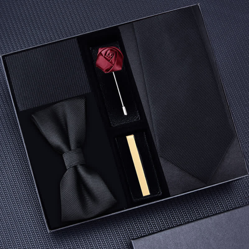 5Pcs Men's Twilled Necktie Rose Brooch Bow Ties Gift Box - Black #2 - image 8