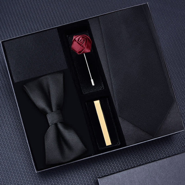 5Pcs Men's Twilled Necktie Rose Brooch Bow Ties Gift Box - Black #2 - image 8