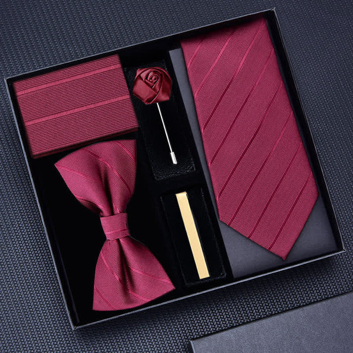 5Pcs Men's Twilled Necktie Rose Brooch Bow Ties Gift Box - Burgundy #1 - image 0