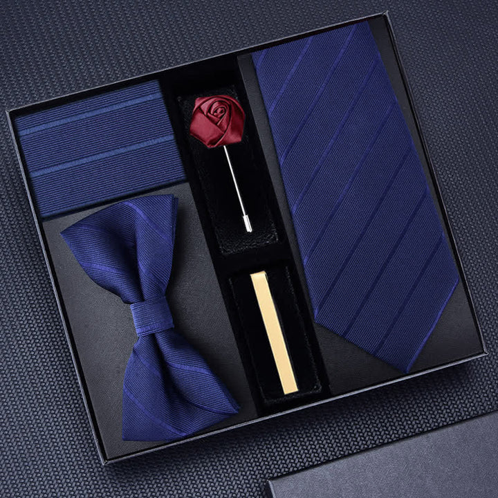 5Pcs Men's Twilled Necktie Rose Brooch Bow Ties Gift Box - Navy #2 - image 6