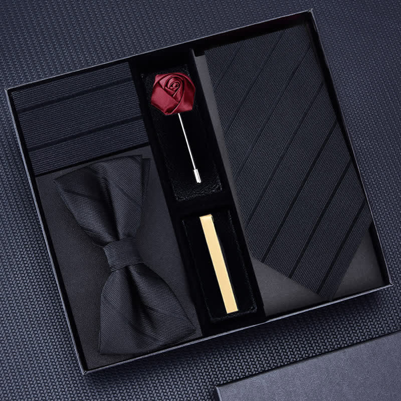 5Pcs Men's Twilled Necktie Rose Brooch Bow Ties Gift Box - Black #1 - image 7
