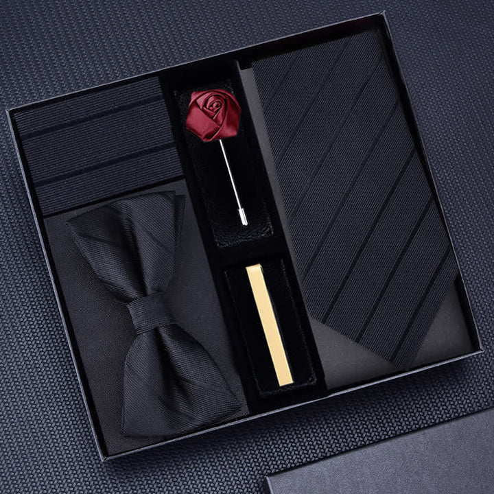 5Pcs Men's Twilled Necktie Rose Brooch Bow Ties Gift Box - Black #1 - image 7
