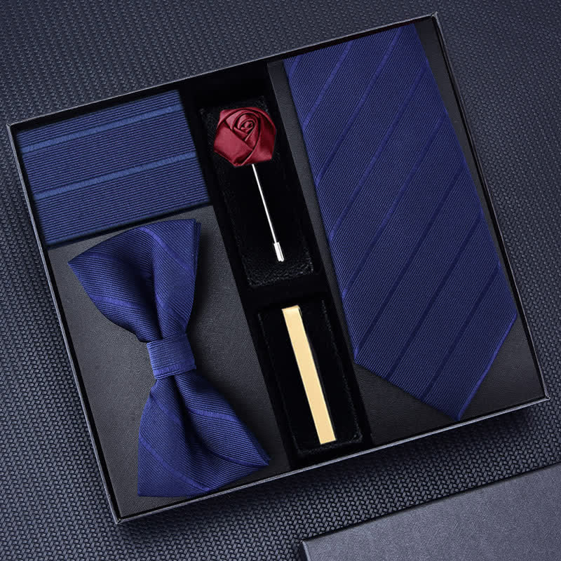 5Pcs Men's Twilled Necktie Rose Brooch Bow Ties Gift Box - Navy #2 - image 6