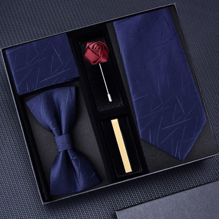 5Pcs Men's Twilled Necktie Rose Brooch Bow Ties Gift Box - Navy #1 - image 5