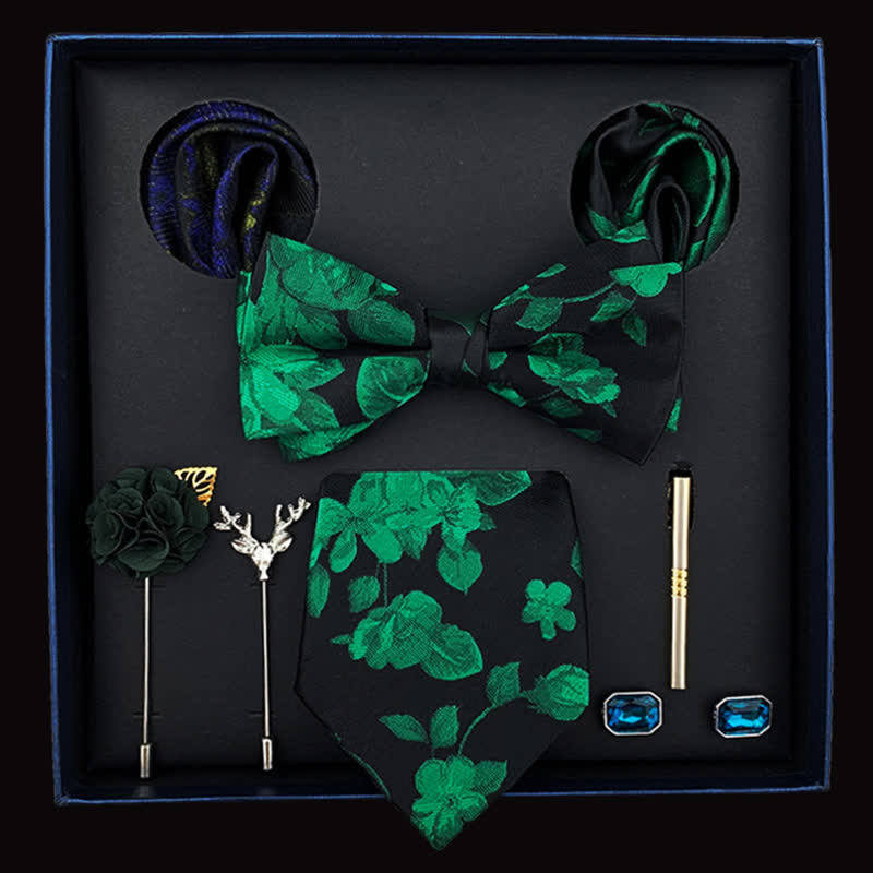 8Pcs Men's Green & Black Leaves Floral Bow Ties Gift Box - Green & Black - image 0