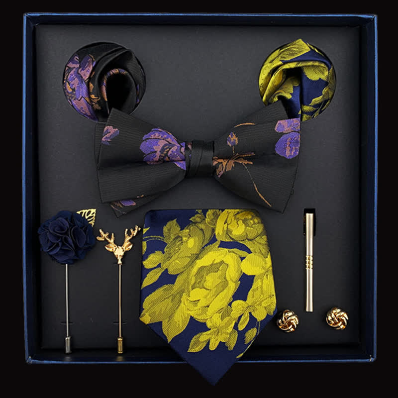 8Pcs Men's Yellow Floral Necktie Black & Purple Bow Ties Gift Box - Black & Purple - image 0
