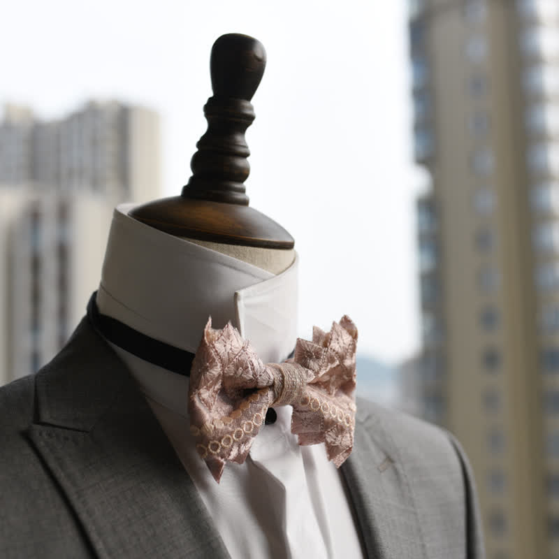 Men's Exquisite Lace Gray Pink Oversized Pointed Bow Tie - image 1