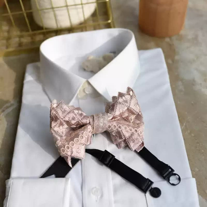 Men's Exquisite Lace Gray Pink Oversized Pointed Bow Tie - Gray Pink - image 0