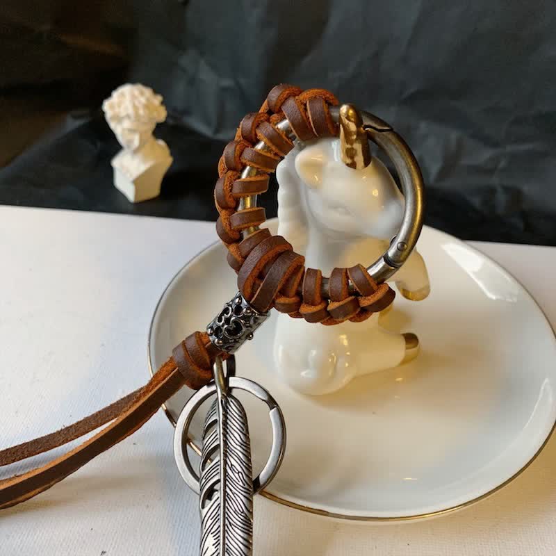 Vintage Metal Feather Braided Leather Tassel Keychain - image 2