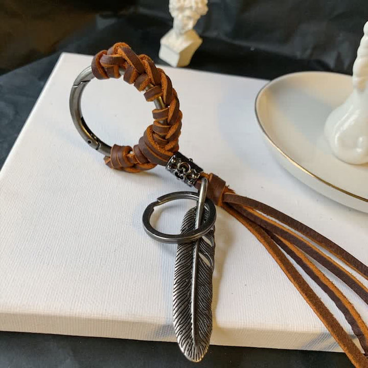 Vintage Metal Feather Braided Leather Tassel Keychain - image 4