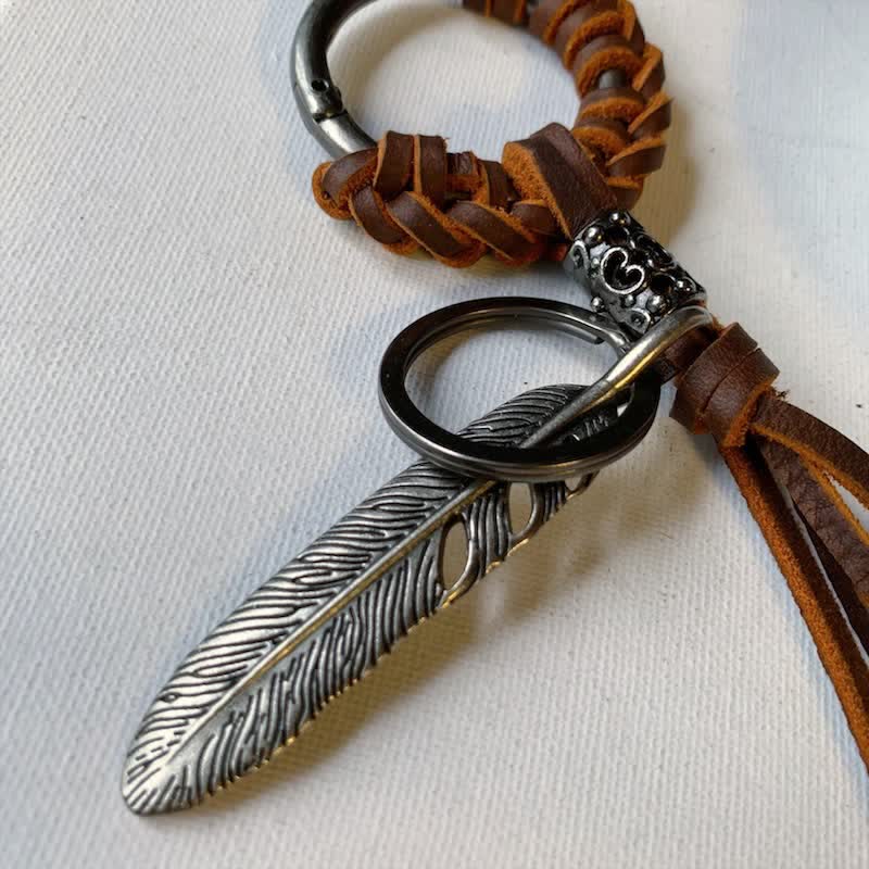 Vintage Metal Feather Braided Leather Tassel Keychain - image 5
