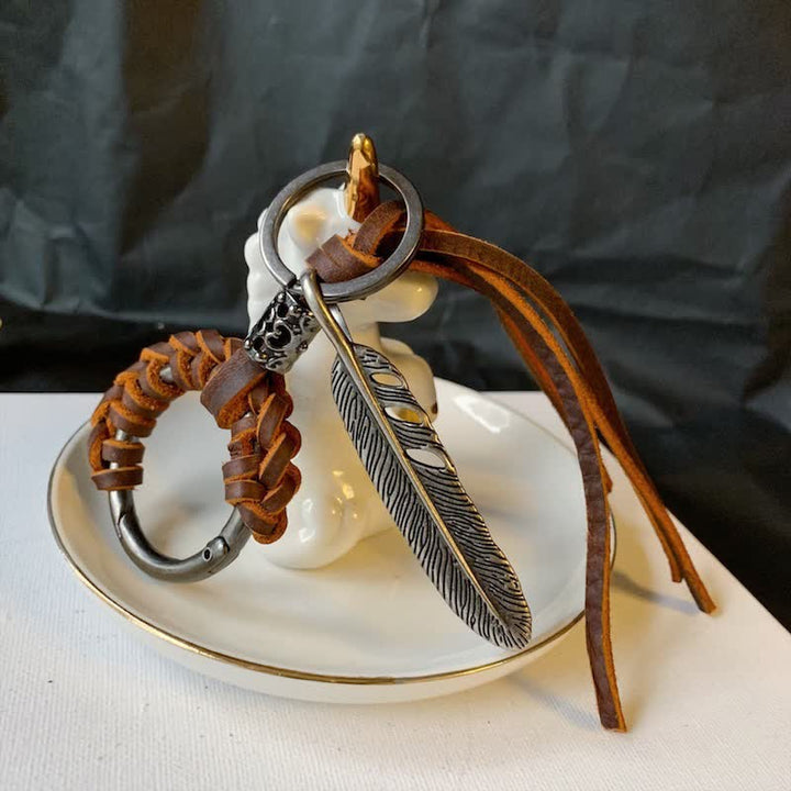 Vintage Metal Feather Braided Leather Tassel Keychain - image 1
