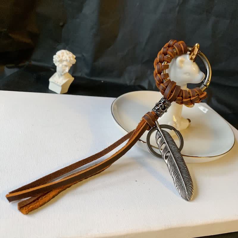 Vintage Metal Feather Braided Leather Tassel Keychain - Silver - image 0