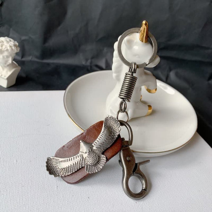 Flying Bold Eagle Metal Pendant Leather Keychain - Brown - image 0