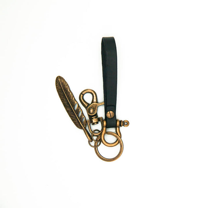 Retro Feather Motorcycle Decor Leather Keychain - Black - image 2