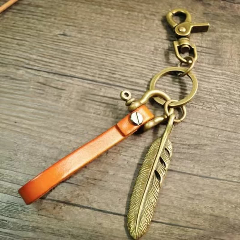 Retro Feather Motorcycle Decor Leather Keychain - Orange - image 6