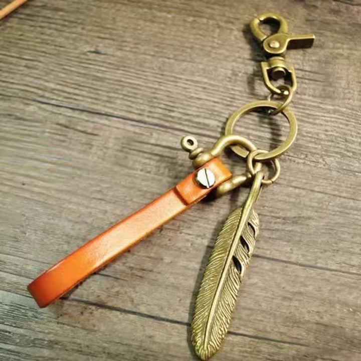 Retro Feather Motorcycle Decor Leather Keychain - Orange - image 6
