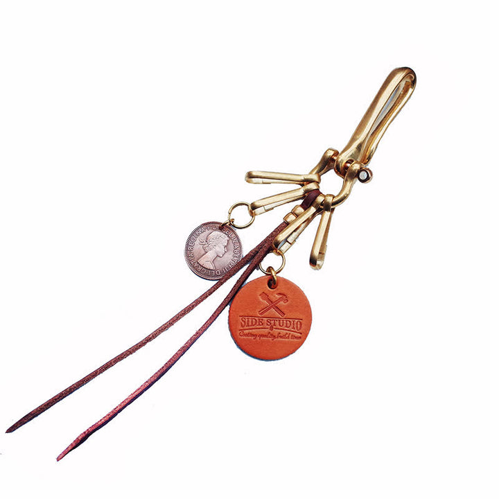Mechanic Style Antique Brass Coin Belt Clip Leather Keychain - Bronze - image 2